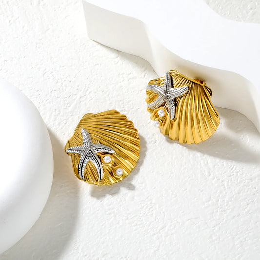 ✨ Wholesale Shell and Starfish Earrings | 34.1x28.2mm Nautical Design | Gold Plated Stainless Steel with Pearl Accent | Summer Beach Jewelry