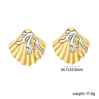 ✨ Wholesale Shell and Seaweed Stud Earrings | 34.7x33.5mm Marine Design | Gold Plated Stainless Steel with Pearl | Summer Beach Jewelry Bulk