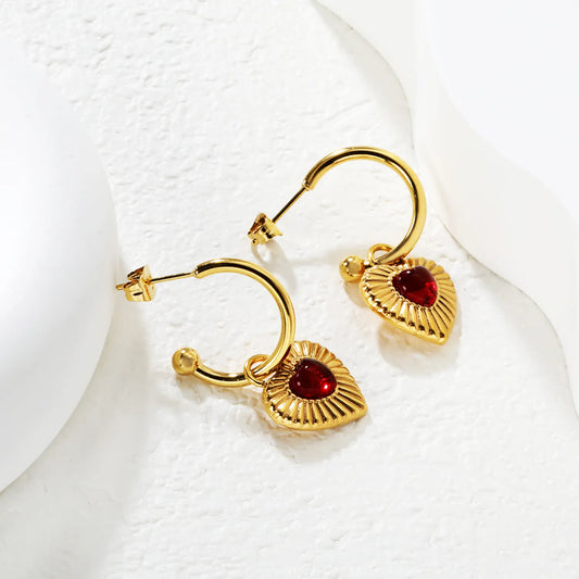 ✨ Wholesale Heart Huggie Earrings | 2x18mm C-Shape Hoop with 15.2x14mm Red Gem Heart | Gold Plated Stainless Steel | Romantic Dangle Earrings