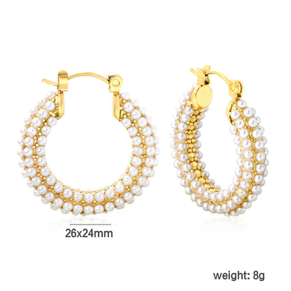 ✨ Wholesale Gold U-Shape Earrings with Pearl | 26x24mm Elegant Design, 8g Lightweight, Hypoallergenic Dangle Earrings Bulk