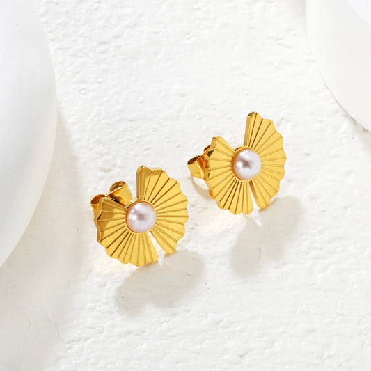 ✨ Wholesale Butterfly Wing Stud Earrings | 15.2x15.8mm Wing Design with Simulated Pearl | Gold Plated Stainless Steel | Delicate Nature Jewelry