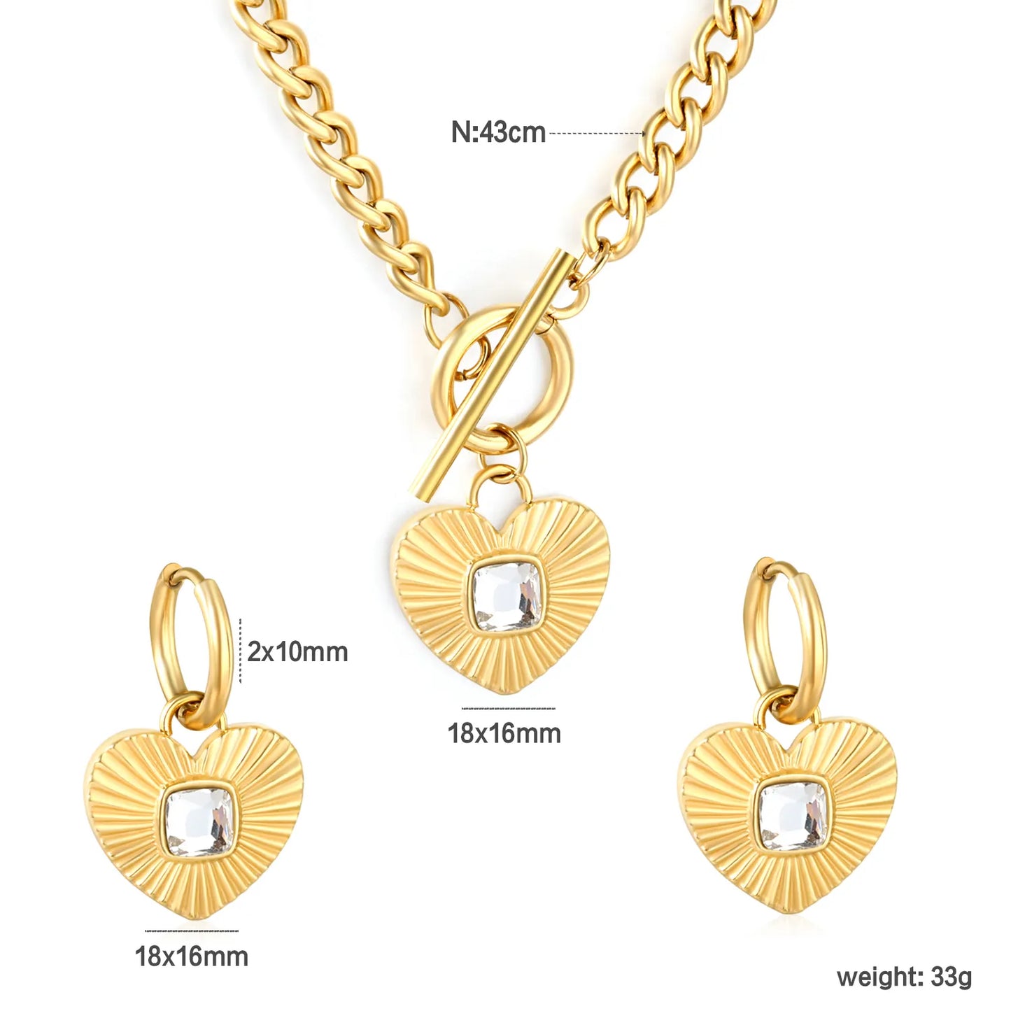 Wholesale Heart Shape Jewelry Set | Square White/Black/Green Zircon | 18x16mm Earrings & Pendant | 43cm Gold Chain ✨