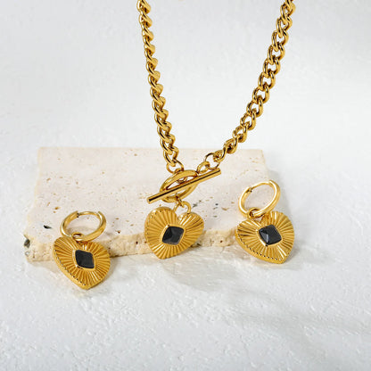 Wholesale Heart Shape Jewelry Set | Square White/Black/Green Zircon | 18x16mm Earrings & Pendant | 43cm Gold Chain ✨