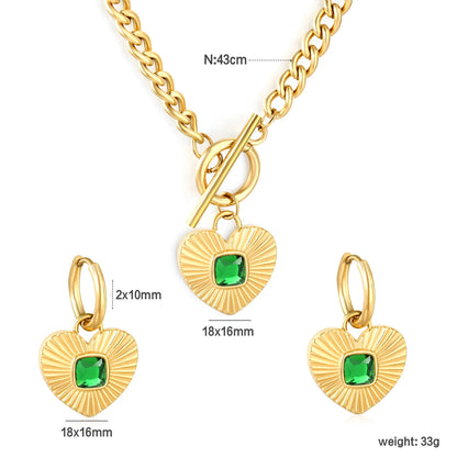Wholesale Heart Shape Jewelry Set | Square White/Black/Green Zircon | 18x16mm Earrings & Pendant | 43cm Gold Chain ✨