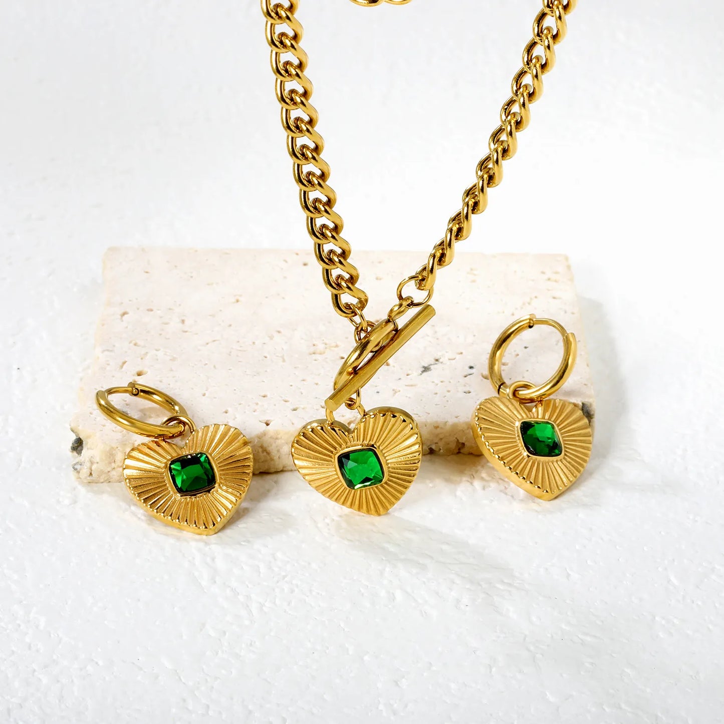 Wholesale Heart Shape Jewelry Set | Square White/Black/Green Zircon | 18x16mm Earrings & Pendant | 43cm Gold Chain ✨