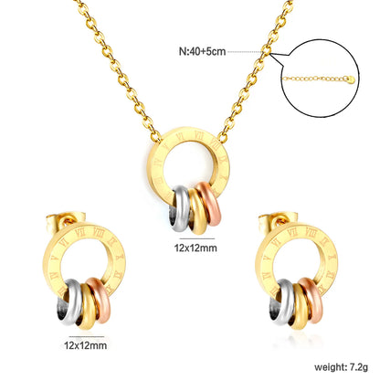 Wholesale Triple Ring Jewelry Set | Mixed Metal Circle Design | 12x12mm Earrings & Pendant | Adjustable 40+5cm Chain