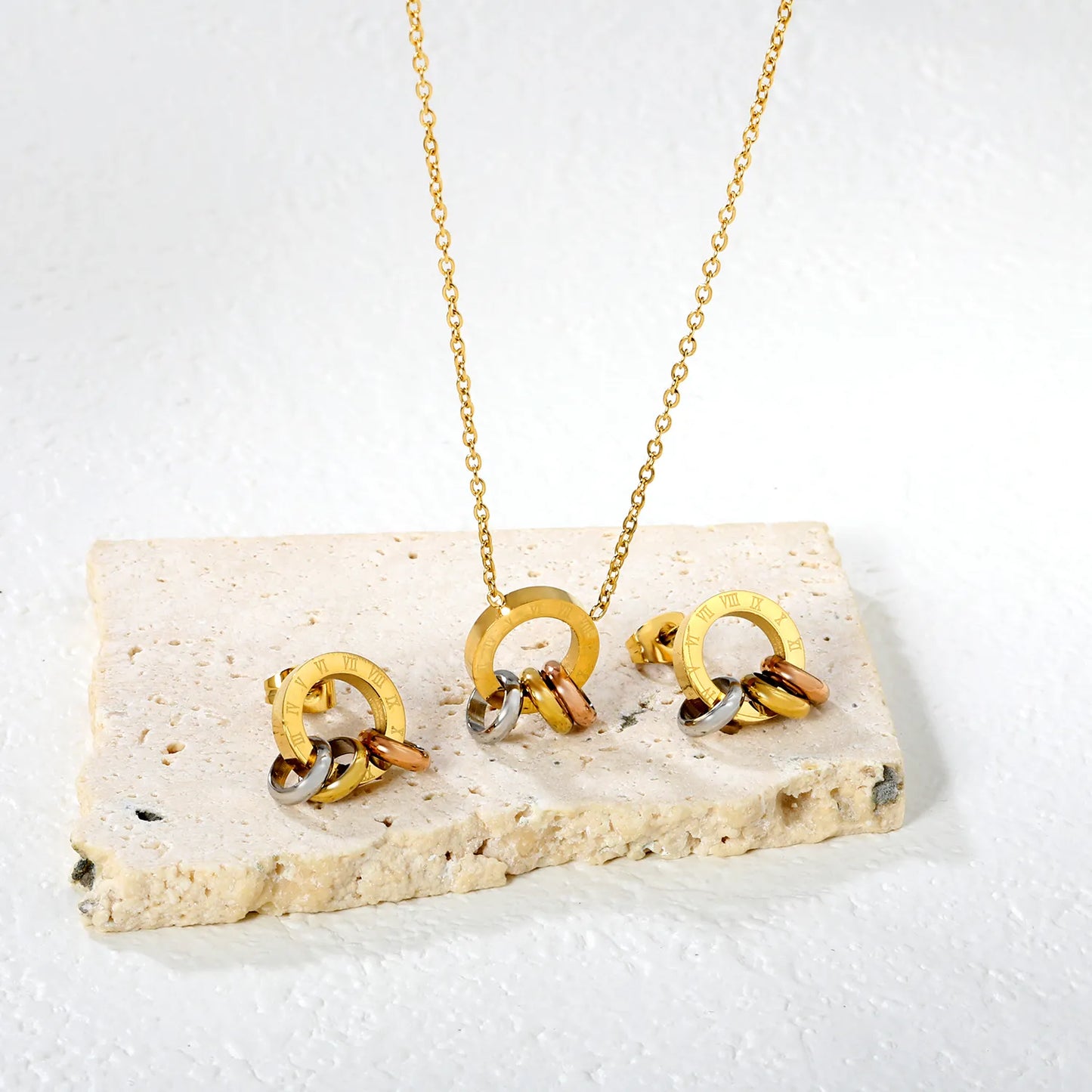 Wholesale Triple Ring Jewelry Set | Mixed Metal Circle Design | 12x12mm Earrings & Pendant | Adjustable 40+5cm Chain