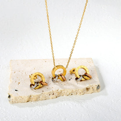 Wholesale Triple Ring Jewelry Set | Mixed Metal Circle Design | 12x12mm Earrings & Pendant | Adjustable 40+5cm Chain
