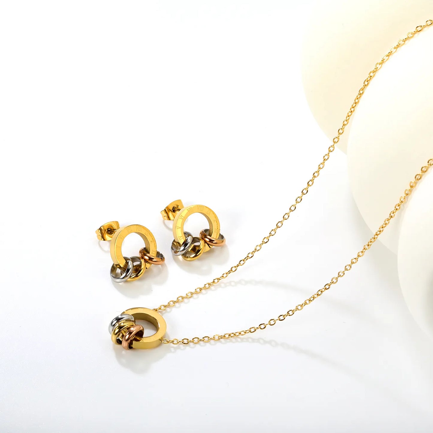 Wholesale Triple Ring Jewelry Set | Mixed Metal Circle Design | 12x12mm Earrings & Pendant | Adjustable 40+5cm Chain