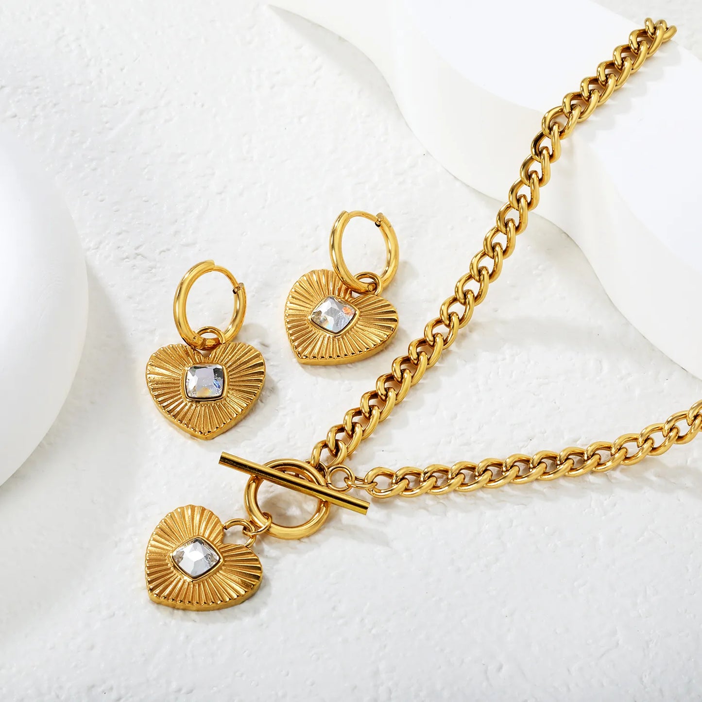 Wholesale Heart Shape Jewelry Set | Square White/Black/Green Zircon | 18x16mm Earrings & Pendant | 43cm Gold Chain ✨