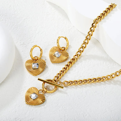 Wholesale Heart Shape Jewelry Set | Square White/Black/Green Zircon | 18x16mm Earrings & Pendant | 43cm Gold Chain ✨