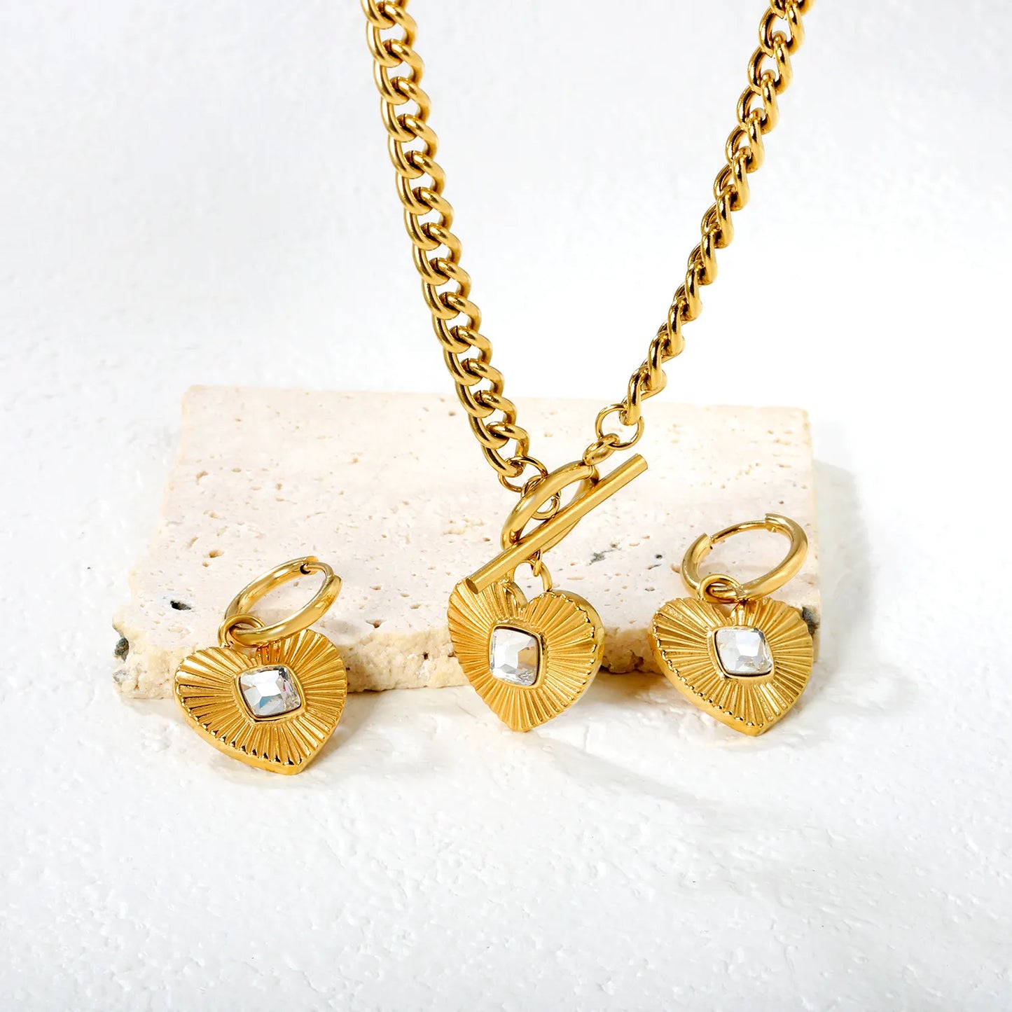 Wholesale Heart Shape Jewelry Set | Square White/Black/Green Zircon | 18x16mm Earrings & Pendant | 43cm Gold Chain ✨