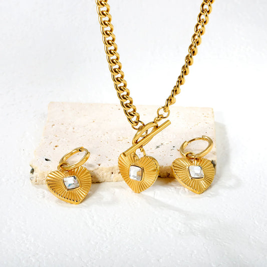 Wholesale Heart Shape Jewelry Set | Square White/Black/Green Zircon | 18x16mm Earrings & Pendant | 43cm Gold Chain ✨