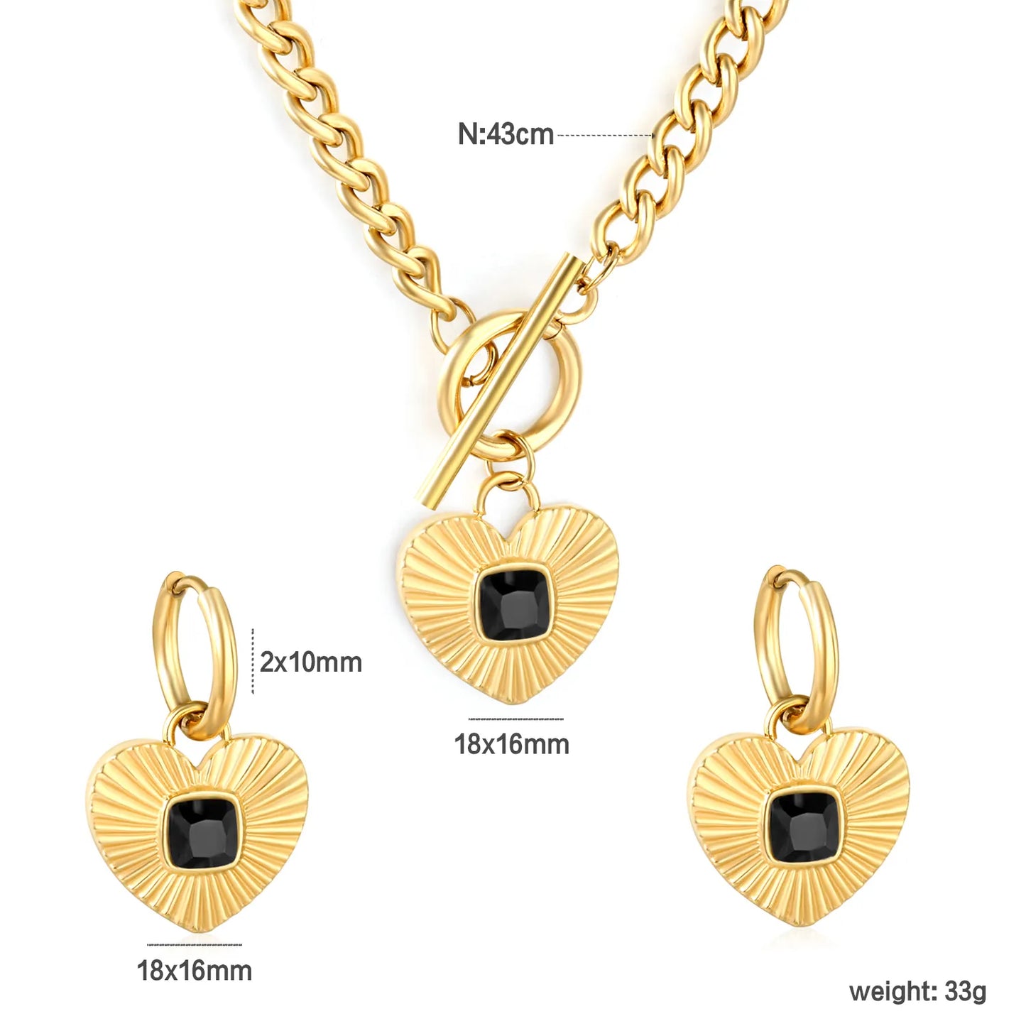 Wholesale Heart Shape Jewelry Set | Square White/Black/Green Zircon | 18x16mm Earrings & Pendant | 43cm Gold Chain ✨