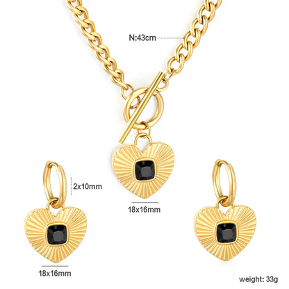 Wholesale Heart Shape Jewelry Set | Square White/Black/Green Zircon | 18x16mm Earrings & Pendant | 43cm Gold Chain ✨