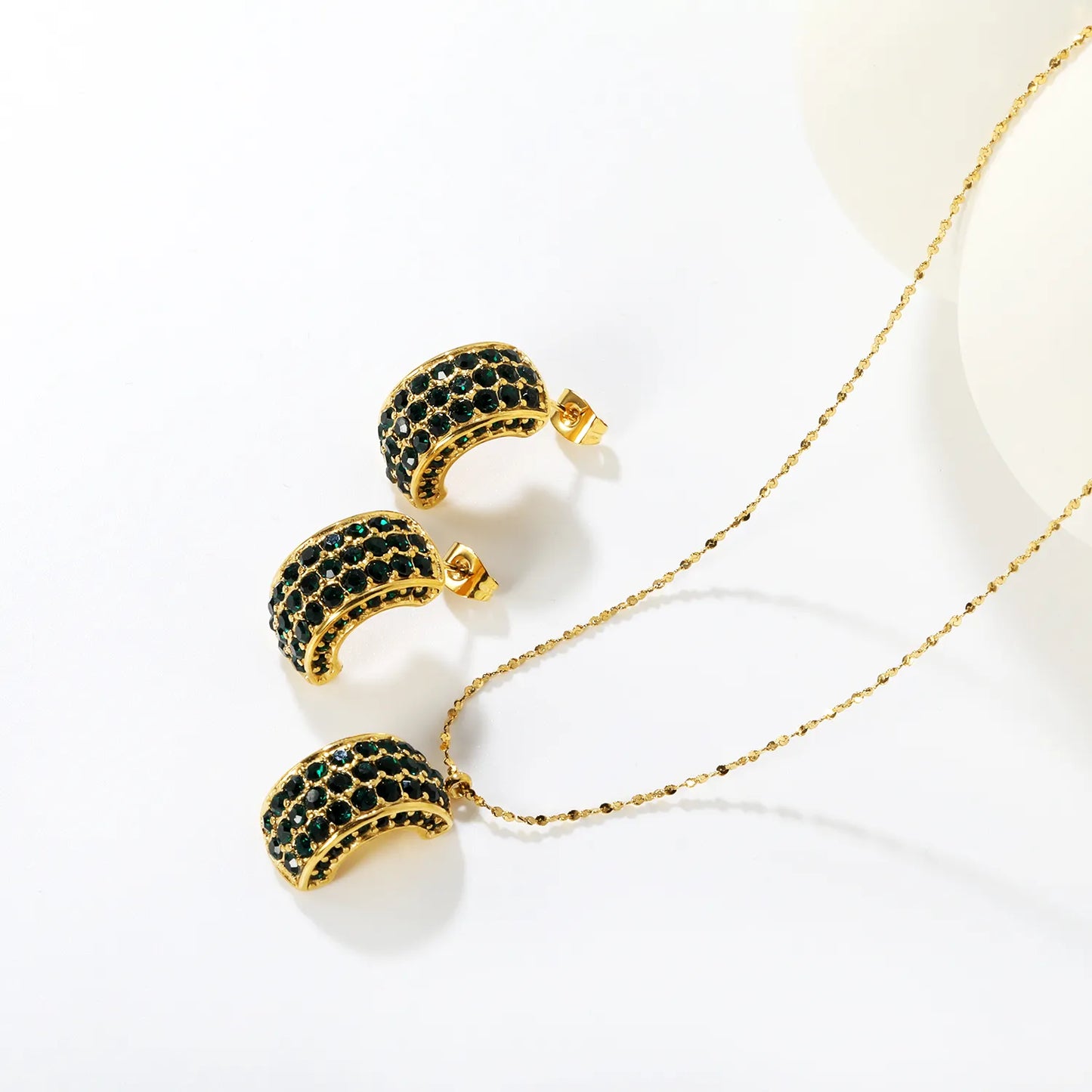 ✨ Wholesale PVD 18k Gold Emerald Green/White Zircon C-Shape Jewelry Set | Stainless Steel Earrings & Pendant