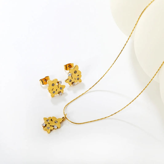 ✨🌸 Floral Cross Jewelry Set in Gold | Wholesale Dainty White Zircon Earring & Pendant Set