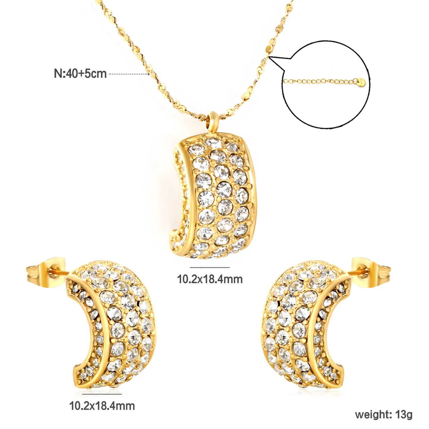 ✨ Wholesale PVD 18k Gold Emerald Green/White Zircon C-Shape Jewelry Set | Stainless Steel Earrings & Pendant