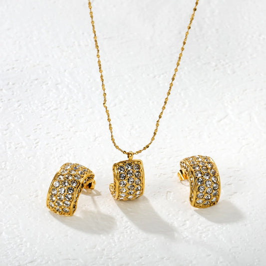 ✨ Wholesale PVD 18k Gold Emerald Green/White Zircon C-Shape Jewelry Set | Stainless Steel Earrings & Pendant