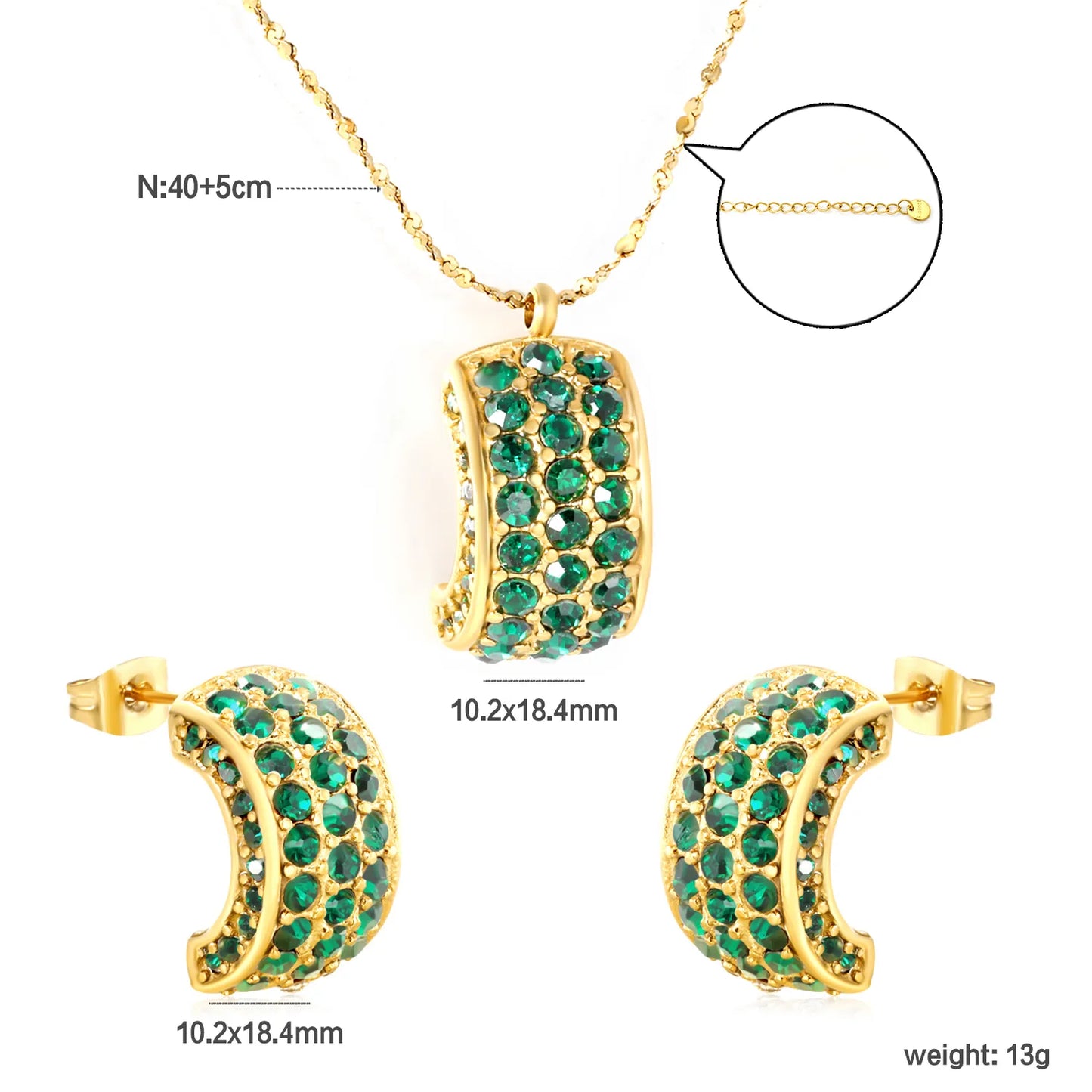 ✨ Wholesale PVD 18k Gold Emerald Green/White Zircon C-Shape Jewelry Set | Stainless Steel Earrings & Pendant