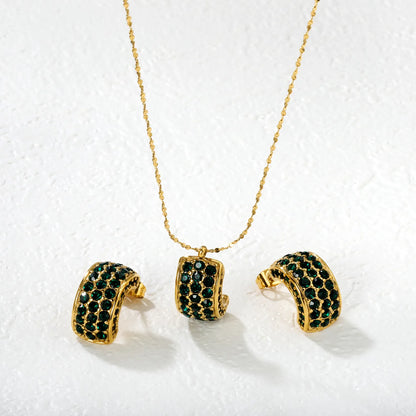 ✨ Wholesale PVD 18k Gold Emerald Green/White Zircon C-Shape Jewelry Set | Stainless Steel Earrings & Pendant