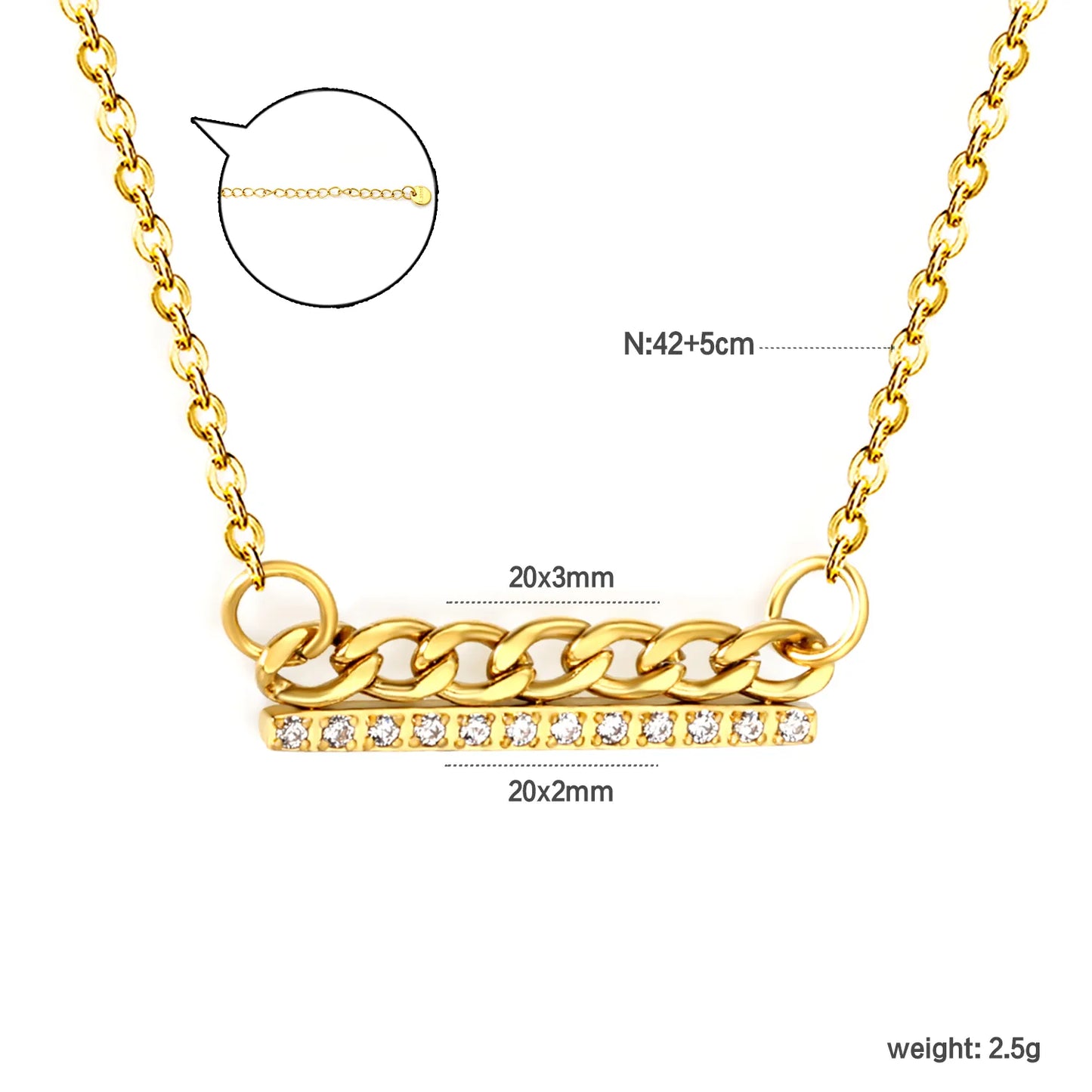 Wholesale 20x3mm Chain & 20x2mm Bar Pendant with Zirconia | Industrial Chic Necklace Set | 42+5cm Gold Stainless Steel