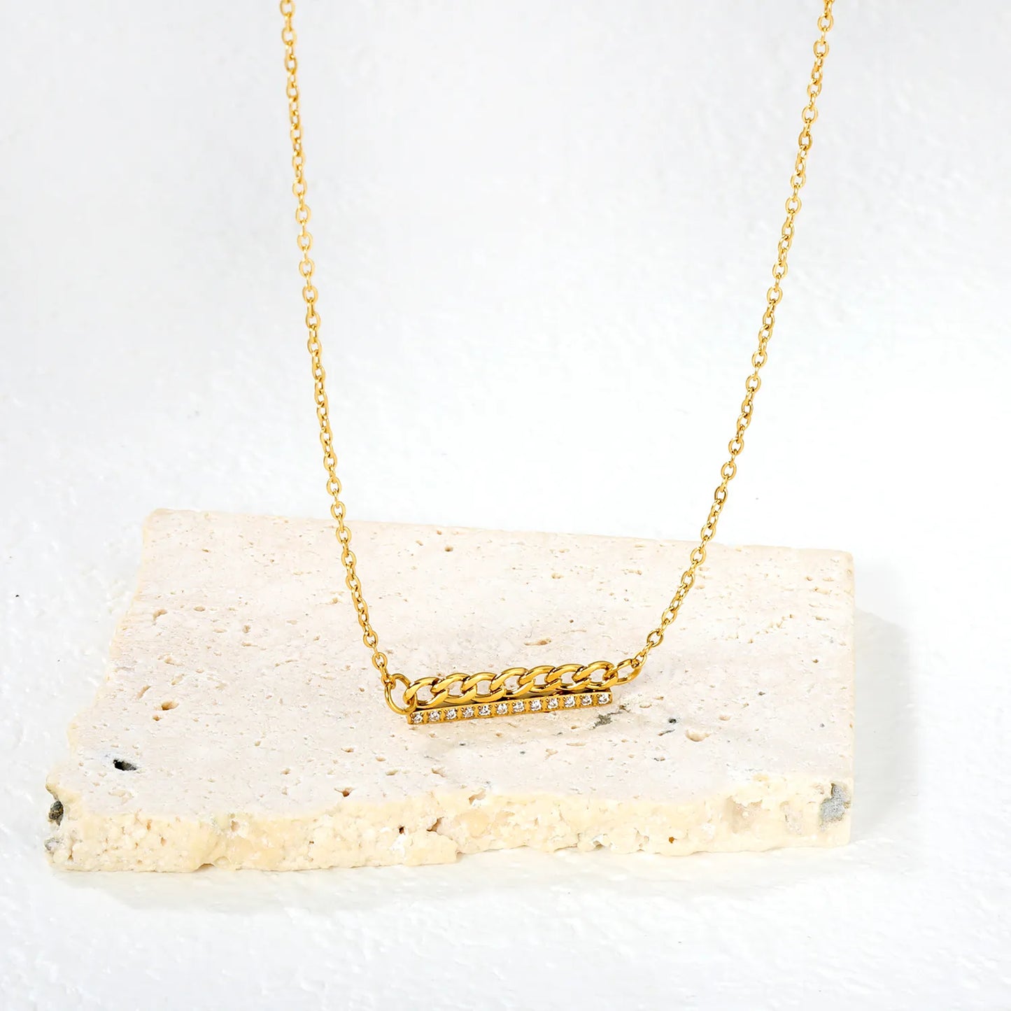 Wholesale 20x3mm Chain & 20x2mm Bar Pendant with Zirconia | Industrial Chic Necklace Set | 42+5cm Gold Stainless Steel