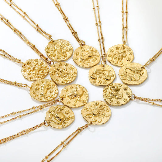Wholesale 20.5x21.5mm Zodiac Pendant Necklace | 12 Astrology Signs Irregular Circle Charm | 40+5cm Gold Stainless Steel Chain