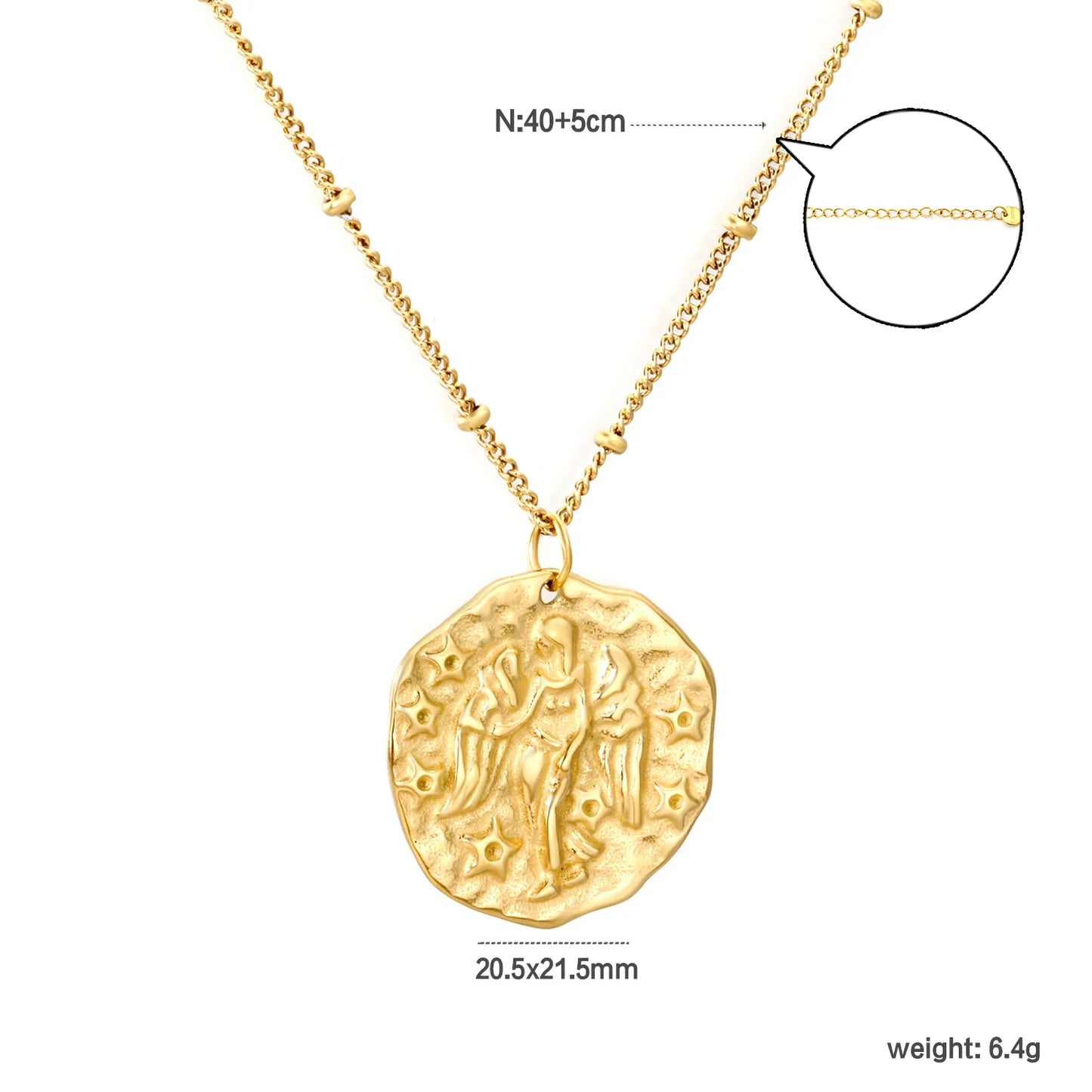 Wholesale 20.5x21.5mm Zodiac Pendant Necklace | 12 Astrology Signs Irregular Circle Charm | 40+5cm Gold Stainless Steel Chain