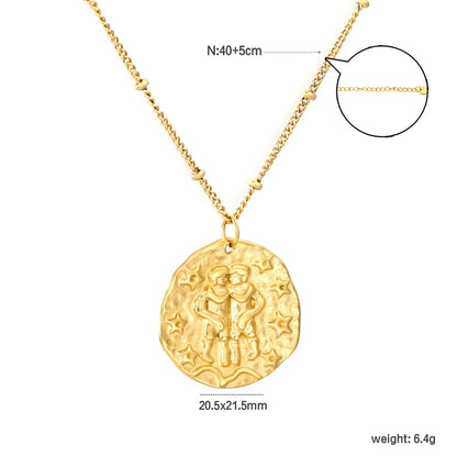 Wholesale 20.5x21.5mm Zodiac Pendant Necklace | 12 Astrology Signs Irregular Circle Charm | 40+5cm Gold Stainless Steel Chain