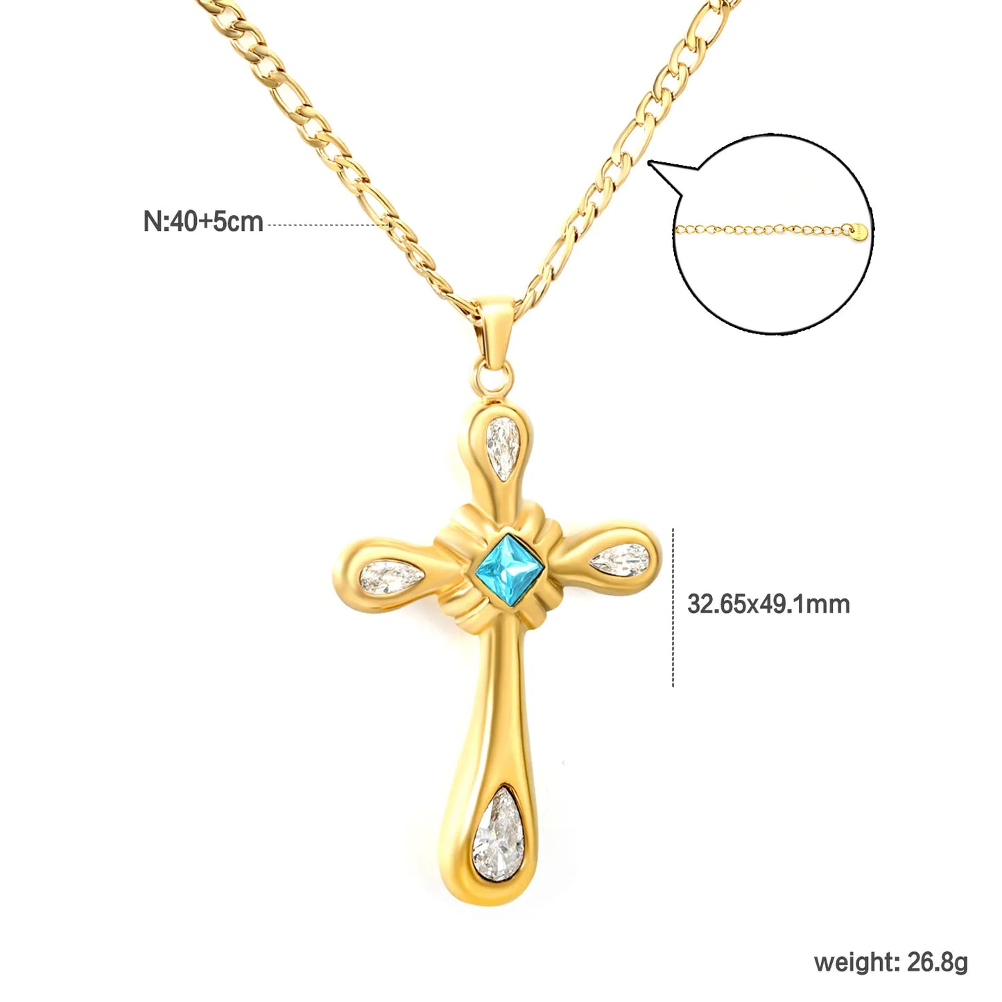 Wholesale 32.65x49.1mm Cross Pendant with Zirconia | 4 White Pear & 1 Blue Square Stone | 40+5cm Gold Stainless Steel Necklace