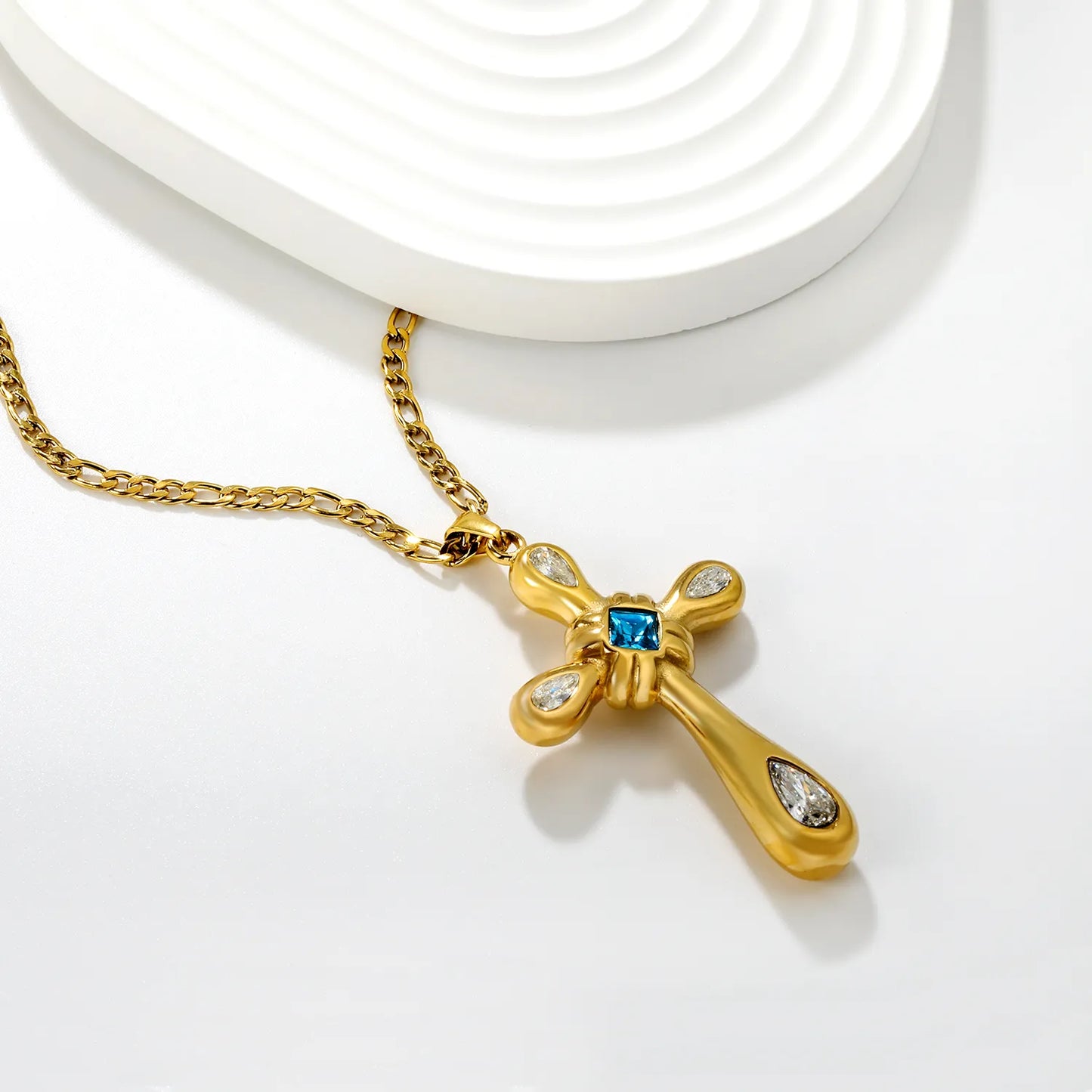 Wholesale 32.65x49.1mm Cross Pendant with Zirconia | 4 White Pear & 1 Blue Square Stone | 40+5cm Gold Stainless Steel Necklace