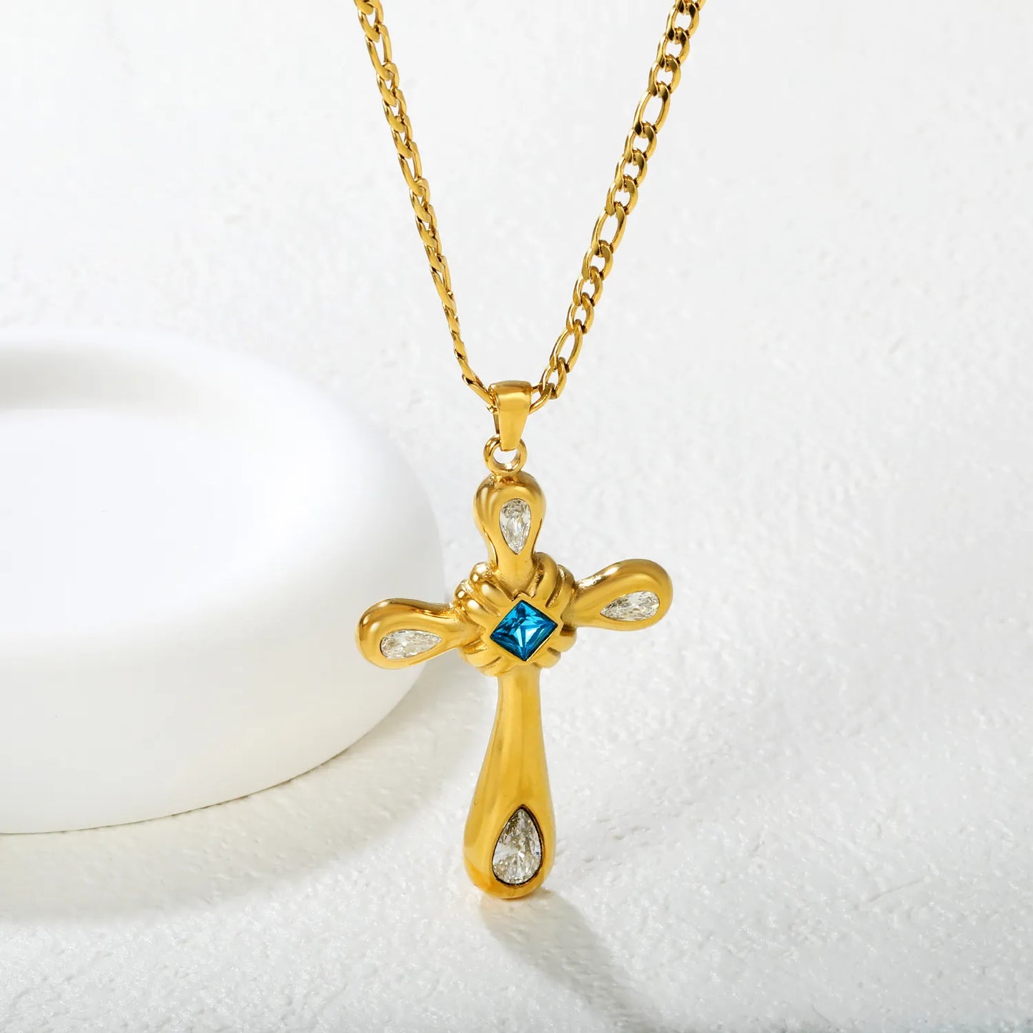 Wholesale 32.65x49.1mm Cross Pendant with Zirconia | 4 White Pear & 1 Blue Square Stone | 40+5cm Gold Stainless Steel Necklace