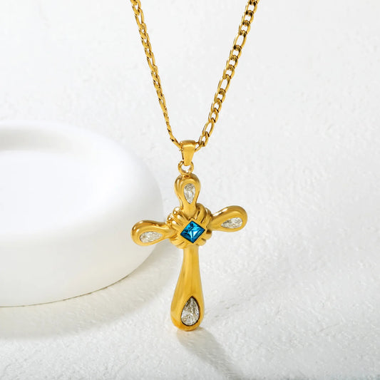 Wholesale 32.65x49.1mm Cross Pendant with Zirconia | 4 White Pear & 1 Blue Square Stone | 40+5cm Gold Stainless Steel Necklace