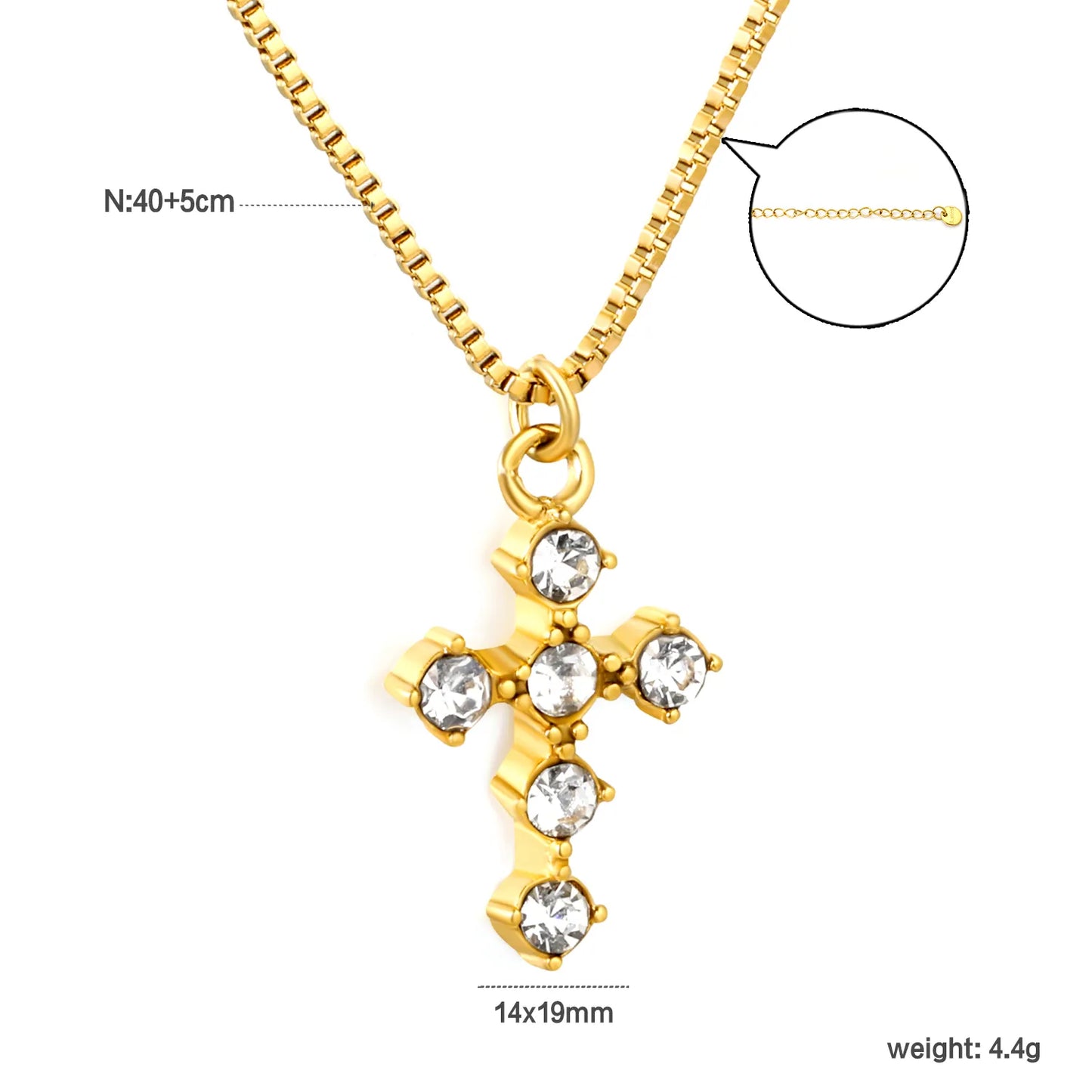 Wholesale 14x19mm Cross Pendant with 7 White Zirconia | 1.0mm Box Chain 40+5cm | Gold Stainless Steel Necklace Set