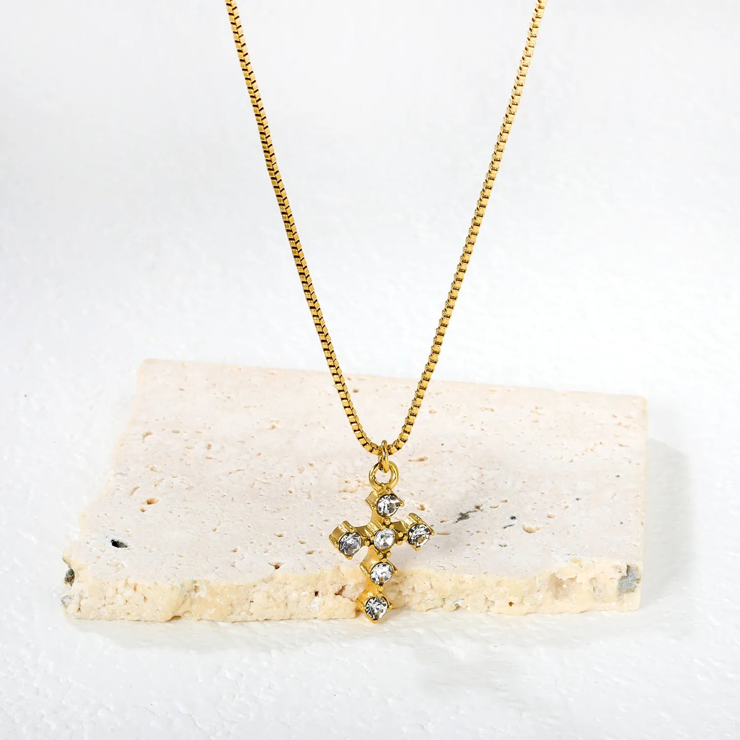 Wholesale 14x19mm Cross Pendant with 7 White Zirconia | 1.0mm Box Chain 40+5cm | Gold Stainless Steel Necklace Set