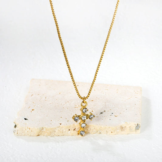 Wholesale 14x19mm Cross Pendant with 7 White Zirconia | 1.0mm Box Chain 40+5cm | Gold Stainless Steel Necklace Set