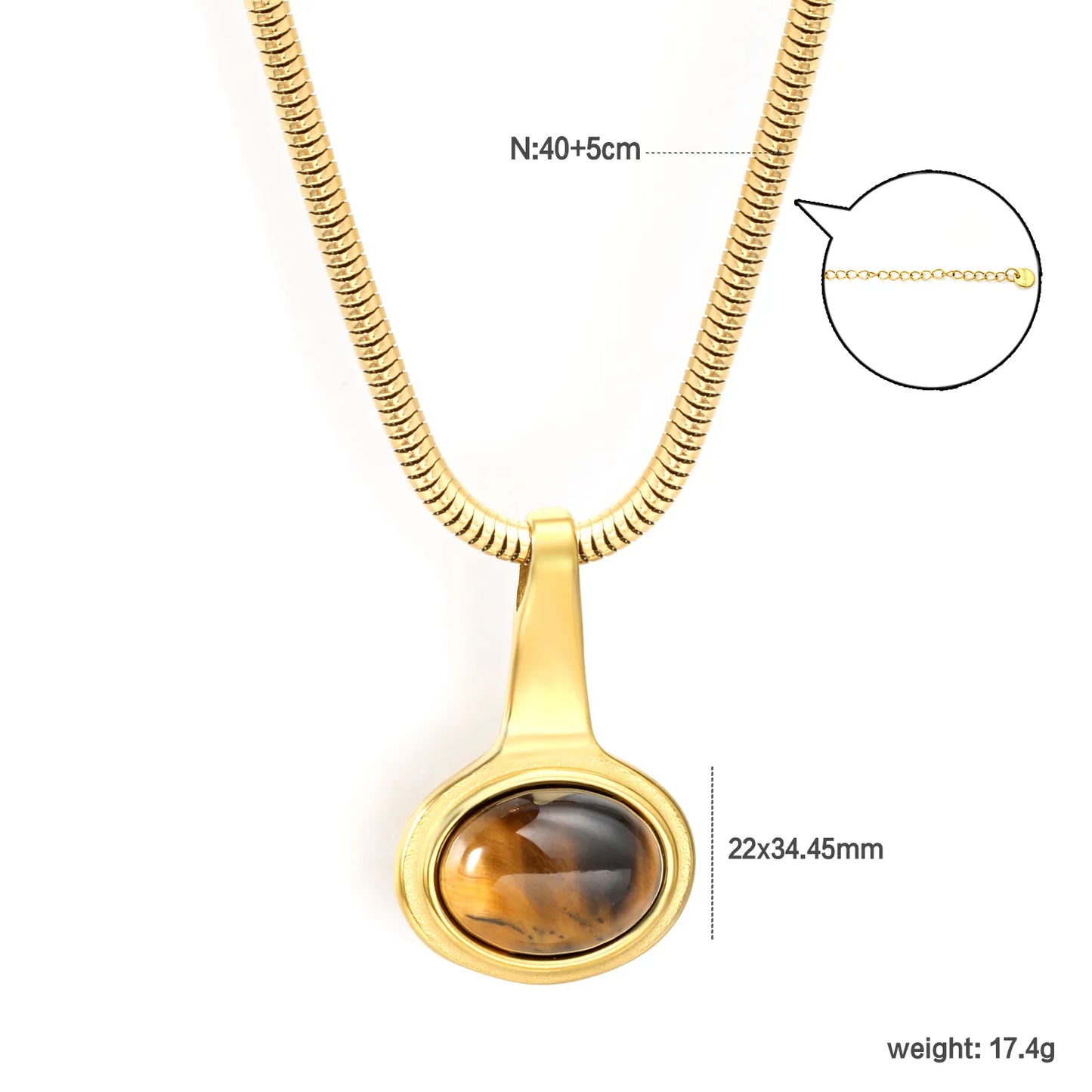 Wholesale 22x34.45mm Tiger's Eye Oval Pendant Necklace | 1.2mm Round Snake Chain 40+5cm | Gold Stainless Steel Natural Stone Jewelry