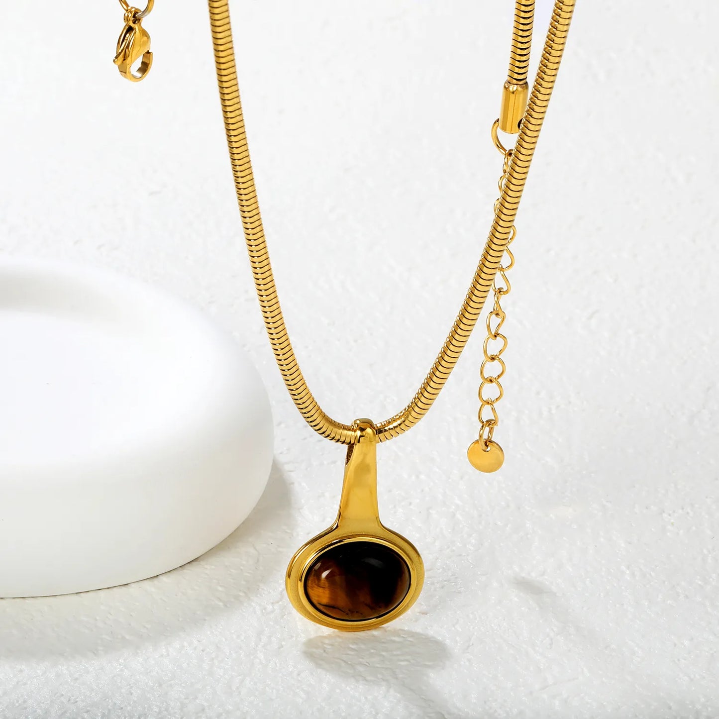 Wholesale 22x34.45mm Tiger's Eye Oval Pendant Necklace | 1.2mm Round Snake Chain 40+5cm | Gold Stainless Steel Natural Stone Jewelry
