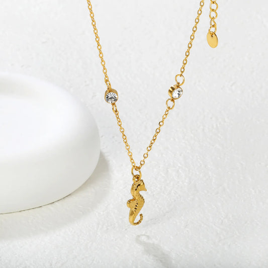 Wholesale 7.6x18mm Seahorse Pendant with Zirconia | 45+5cm Gold Rope Chain | Ocean Theme Jewelry Set