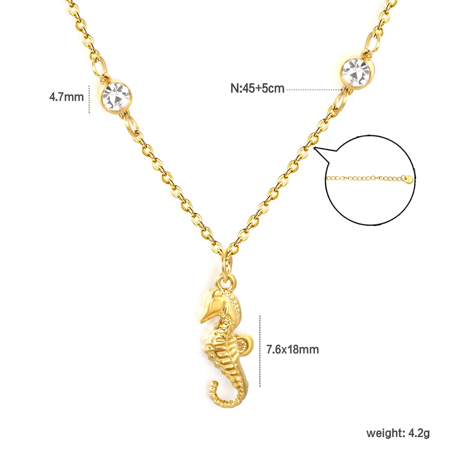 Wholesale 7.6x18mm Seahorse Pendant with Zirconia | 45+5cm Gold Rope Chain | Ocean Theme Jewelry Set