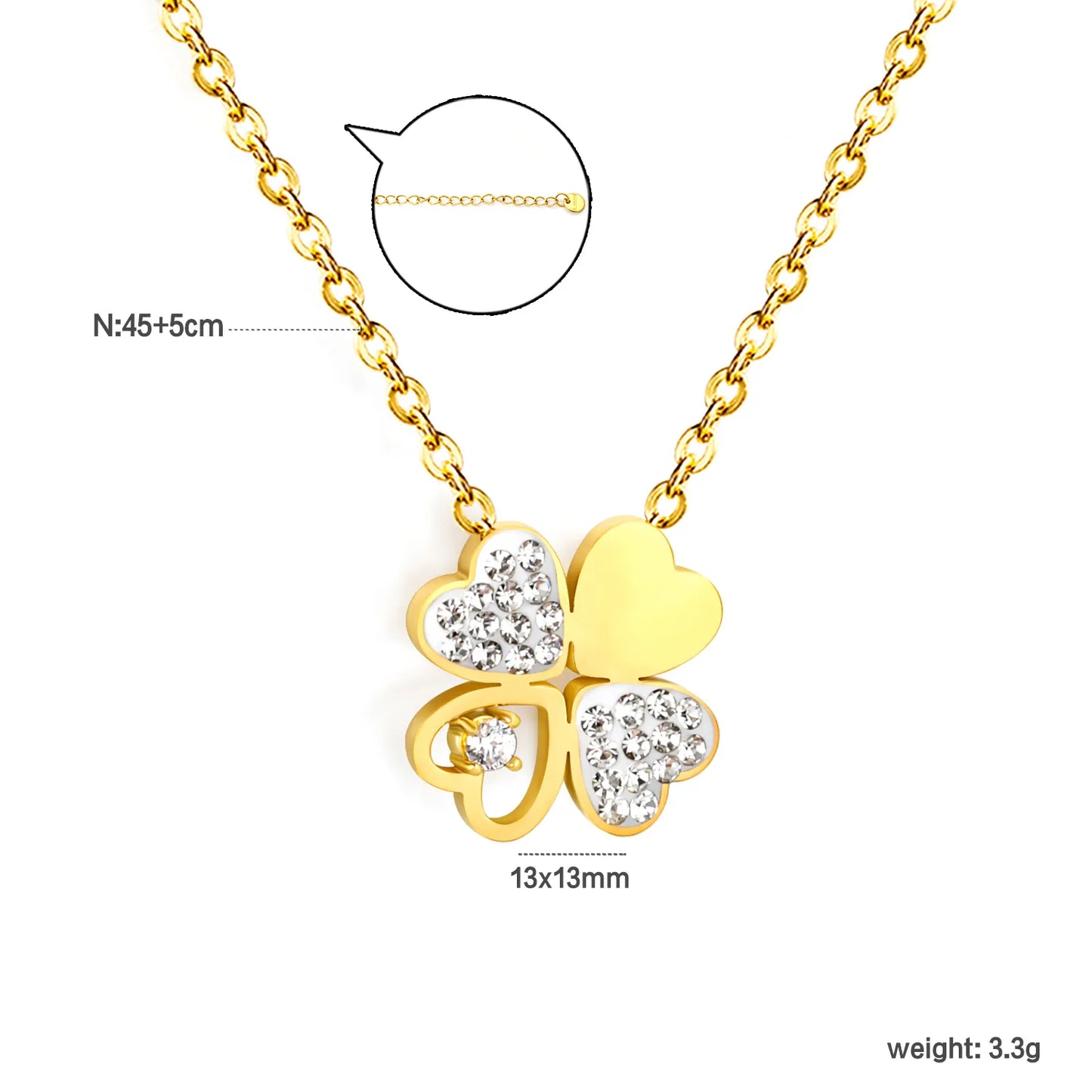 Wholesale 13x13mm Four Leaf Clover Pendant with Zirconia | Lucky Charm Necklace Set | 45+5cm Gold Rope Chain