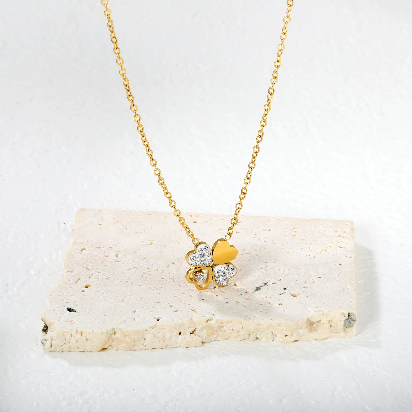 Wholesale 13x13mm Four Leaf Clover Pendant with Zirconia | Lucky Charm Necklace Set | 45+5cm Gold Rope Chain