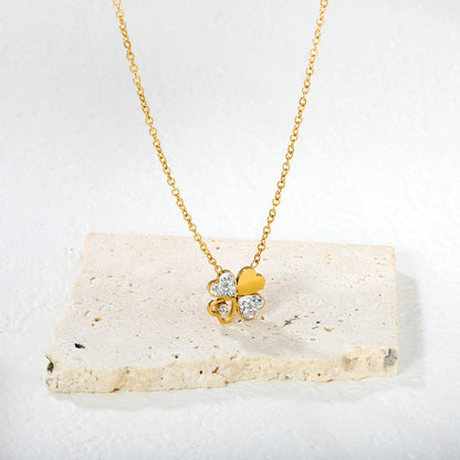 Wholesale 13x13mm Four Leaf Clover Pendant with Zirconia | Lucky Charm Necklace Set | 45+5cm Gold Rope Chain