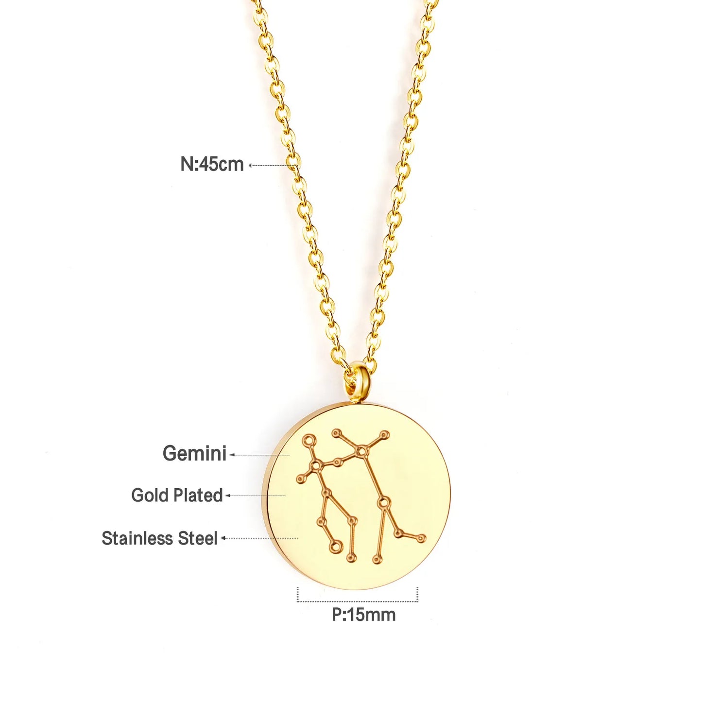 Wholesale 15mm Zodiac Constellation Pendant Necklace | 12 Astrology Star Chart Charm | 45cm Gold & Steel Chain