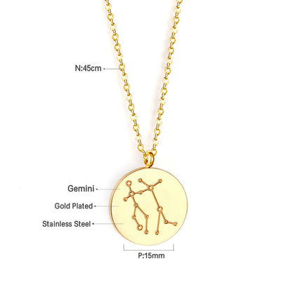 Wholesale 15mm Zodiac Constellation Pendant Necklace | 12 Astrology Star Chart Charm | 45cm Gold & Steel Chain