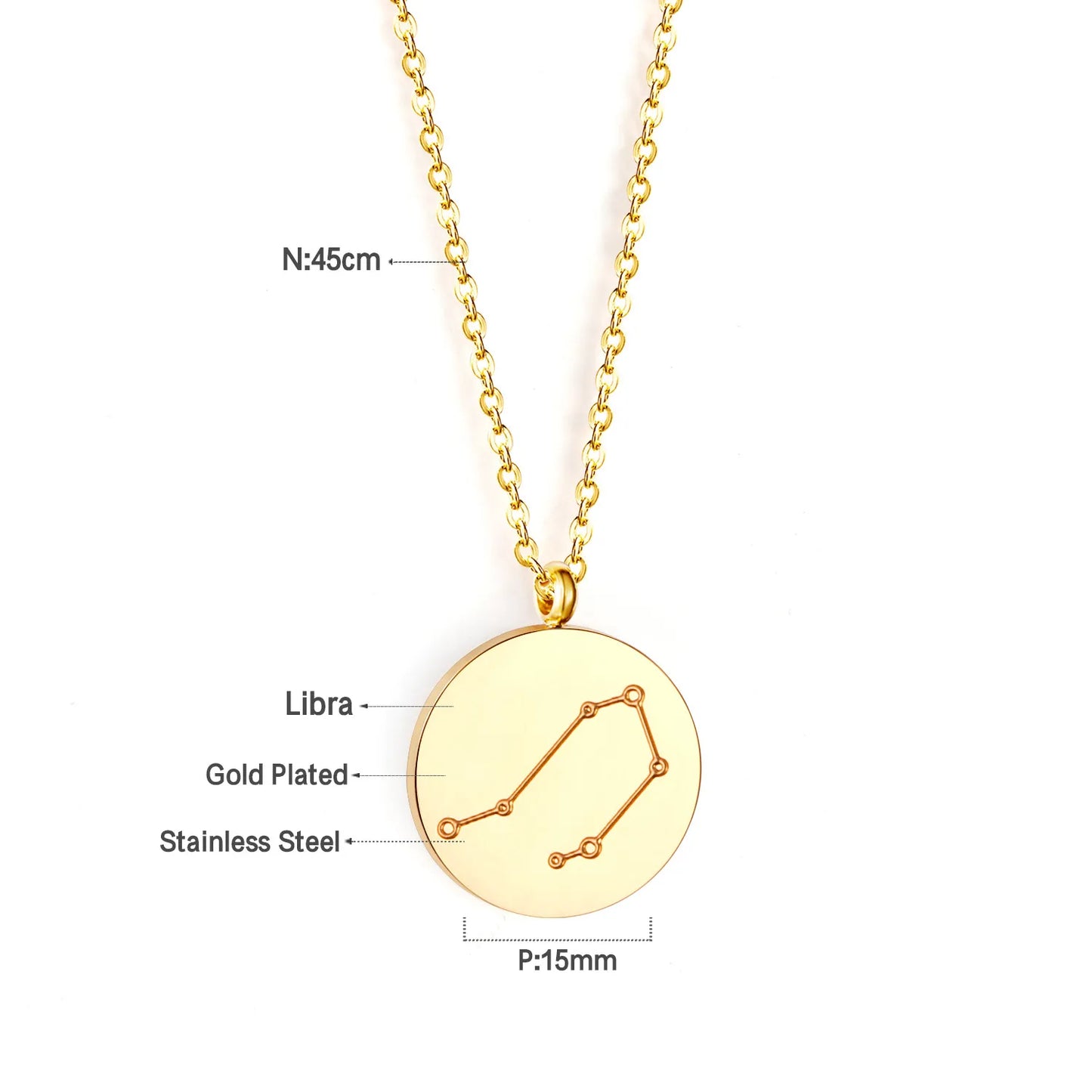 Wholesale 15mm Zodiac Constellation Pendant Necklace | 12 Astrology Star Chart Charm | 45cm Gold & Steel Chain