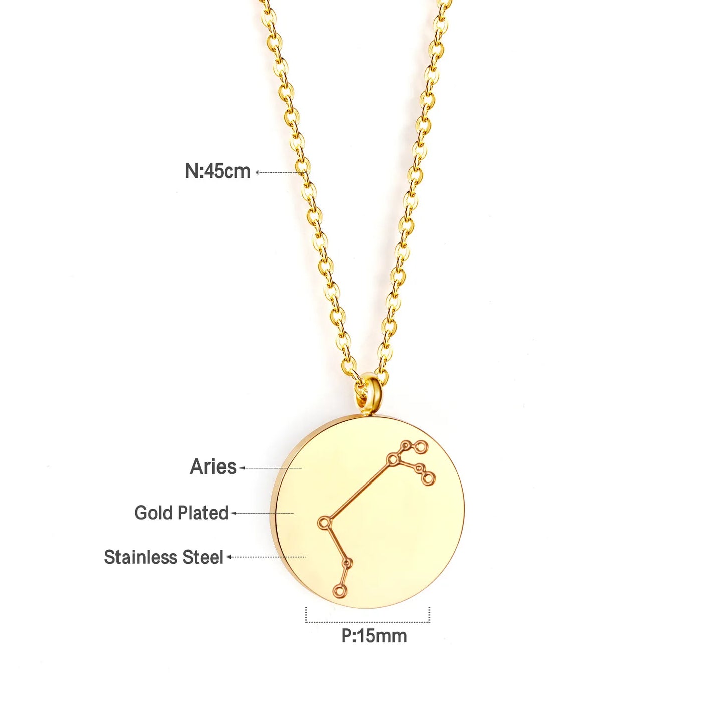 Wholesale 15mm Zodiac Constellation Pendant Necklace | 12 Astrology Star Chart Charm | 45cm Gold & Steel Chain