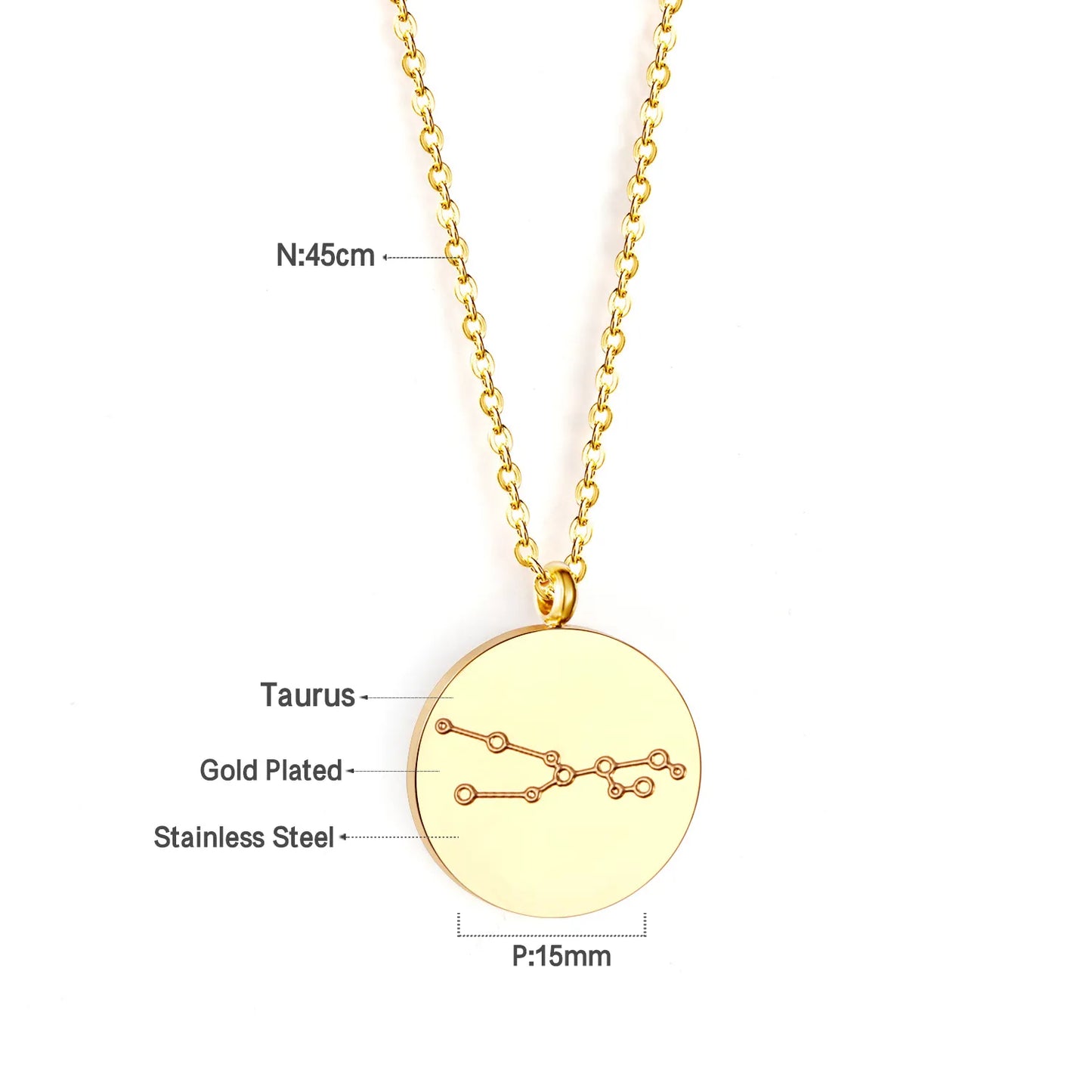 Wholesale 15mm Zodiac Constellation Pendant Necklace | 12 Astrology Star Chart Charm | 45cm Gold & Steel Chain
