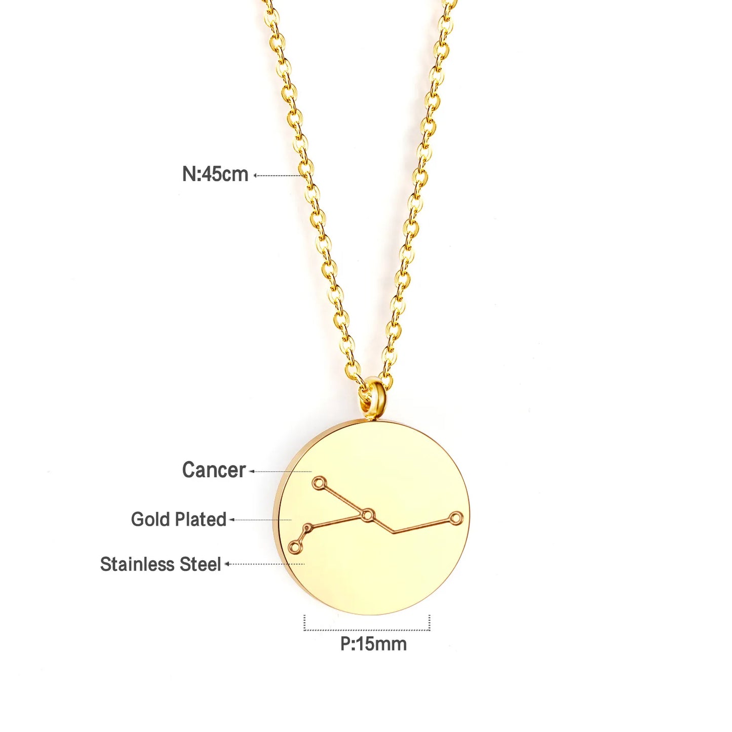 Wholesale 15mm Zodiac Constellation Pendant Necklace | 12 Astrology Star Chart Charm | 45cm Gold & Steel Chain